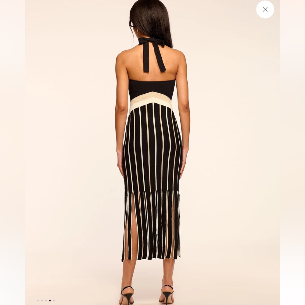 Ramy Brook Campbell Panel Fringe Black, White, Beige Stripe Knit Halter Dress XS - Picture 3 of 14